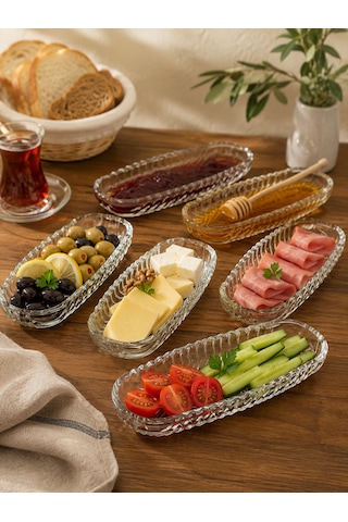 6 Lı Cam Kayık Tabak Kahvaltılık Sunum Tabağı Kase 19cm Şeffaf