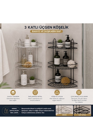 İbico K13-011 Banyo Köşelik Ve Duşakabin Rafı 3 Katlı Üçgen - Siyah Metal- 12'li Paket Diğer