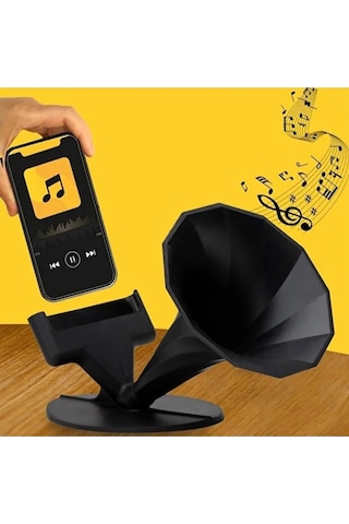 Telefon Pasif Hoparlör Ses Yükseltici Stand Vintage Gramofon Tasarımlı Akustik Amplifikatör Siyah