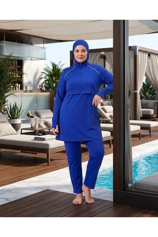 Pierre Cardin Büyük Beden Dik Yaka Yarım Fermuarlı Midi El Dar Paça Likralı Çift Boneli Tesettür Mayo Saks