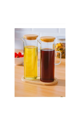 Bambu Altlıklı 2 Li Cam Yağlık & Sirkelik Seti 400 Ml Şeffaf