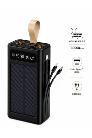 30000mah Güneş Enerjili Powerbank Lcd Ekran Usb Type-c Lightning Dahili Kablolu Taşınabilir Şarj Siyah