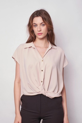 Likrasız Şık Kumaş Yakalı Düşük Omuzlu Önü Pileli Gömlek-bej Bej