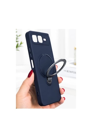 İnfinix Smart 10 Plus İle Uyumlu 360 Derece Dönebilen Kalın Metal Magsafe Halka Stantlı İçi Kadife Korumalı Ultra Lüx Premium Silikon Kılıf Lacivert