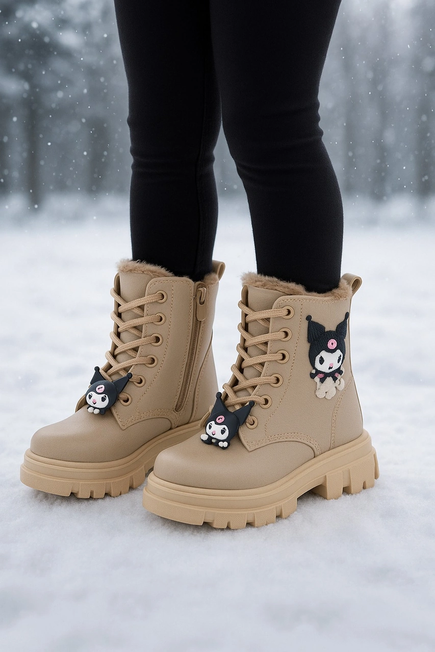 Kız Çocuk Figür Detaylı Fermuarlı Bot Bej