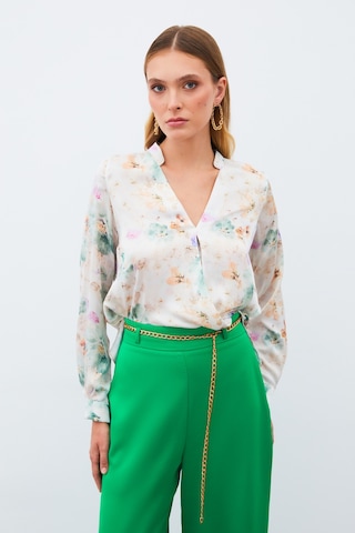 Sateen Desenli Kruvaze Bluz - Çağla Yeşili-135214 Çağla Yeşili
