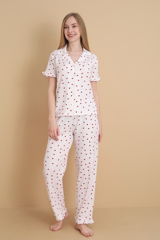 Wordex Mirano 3852 Kalp Desenli Bürümcük Gömlek Yaka Düğmeli Kısa Kollu Kadın Pijama Takımı Beyaz