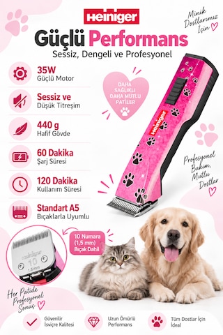 Heiniger Saphir Pink Kablosuz Kedi/köpek Tıraş Makinesi Yedek Bataryalı