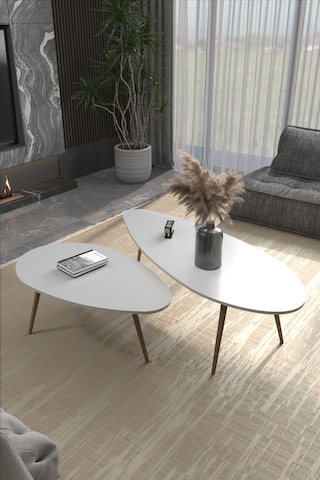 Orta Sehpa Seti Modern 2 Li Ahşap Ayaklı Salon Oturma Odası Dekoratif Sehpa Takımı 8888 Ceviz Efes Beyaz