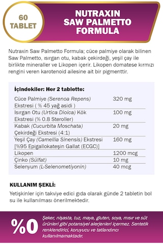 Nutraxin Saw Palmetto Formula 60 Tablet - Cüce Palmiye, Isırgan Otu, Yeşil Çay, Likopen, Çinko, Selenyum
