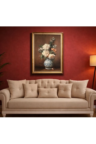 Vintage Gold Çerçeveli Tablo - Mavi Beyaz Vazoda Güller - 60x80 Cm