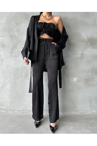 Fashion Cocktail Soft Yumuşak Saten Kumaşlı Büzgü Bağlama Lastikli Kroplu Ceketli Pantolonlu 3 Lü Takım Siyah