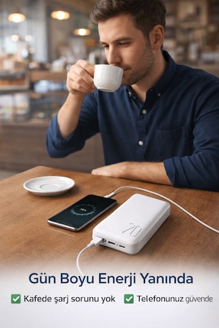 20.000 Mah Powerbank Hızlı Şarj Led Göstergeli Çift Usb Type-c Girişli Taşınabilir Şarj Cihazı Beyaz