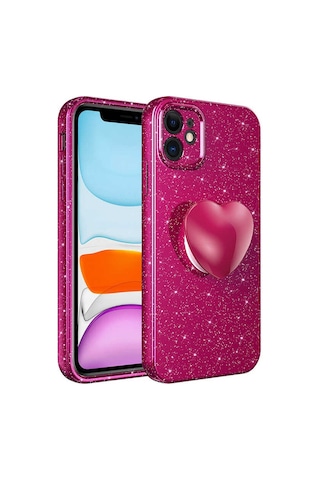 Apple iPhone Uyumlu 11 Kılıf Simli Soketli Kamera Korumalı Silikon Üstün Koruma Pazarplus Pembe Koyu