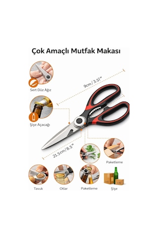 Çok Amaçlı Mutfak Makası, Paslanmaz Çelik Bıçak, Entegre Ceviz Kırıcı Ve Şişe Açacağı, Kaymaz Ergonomik S