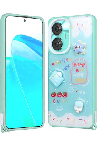 Realme C55 Kılıf Parlayan Simli Kabartma Figürlü Cevze Kapak - Yeşil Yeşil Yeşil