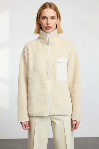 Benerly Kadın Dik Yaka Düşük Kol Tam Fermuarlı Peluş Sweatshirt Fonksiyon Taş