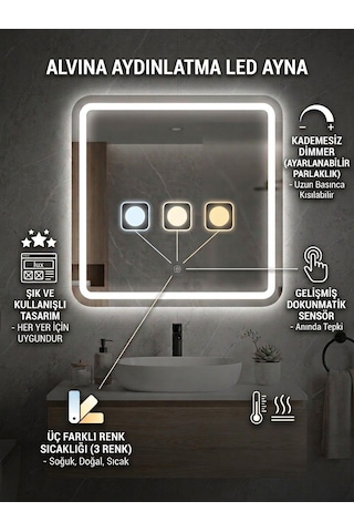 Dokunmatik Koridor Mutfak Holl Antre Makyaj Aynası Ledli Gümüş