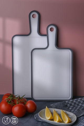 2 Li Kaydırmaz Kesme Tahtası Kulplu Kesim Panosu 1x 30x21 Cm 24,5x19,5 Cm Beyaz - Gri