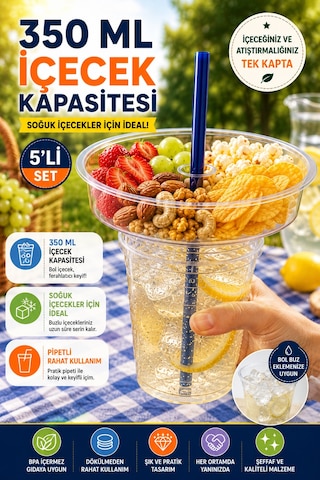 5'li Set Atıştırmalık Hazneli Bardak 350 Ml Pipetli Pet Piknik Sinema Parti İçecek Bardağı Seti 17 Cm Şeffaf
