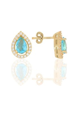 Gümüş Altın Yaldızlı Akuamarin Taşlı Damla Modeli Üçlü Set