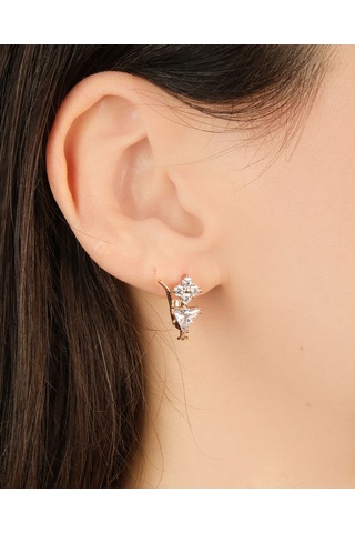 Kadın Kararmaz Çelik Lüks Takı Üçgen Zirkon Taşlı Yonca Küpe Altın