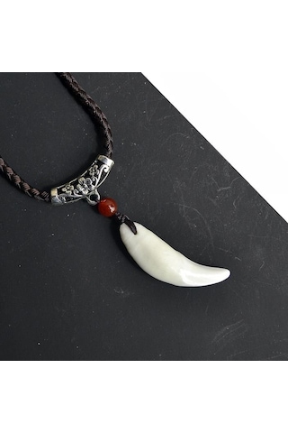 Doğal Tibet Beyaz Kurt Dişi Kolye Ayarlı Örgü Ipli Metal Charm Bo Bronz