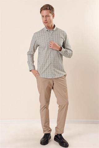 İmza Beyaz Uzun Kollu Baskılı Cepsiz Pamuklu Likralı Casual Slim Fit Dar Kesim Gömlek 1004230134-beyaz Beyaz