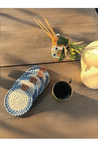 4 Adet Yuvarlak Dekoratif Bardak Altlığı Seti - Yuvarlak , Leke Tutmaz- Mavi-beyaz 13x13 Cm Beyaz - Mavi