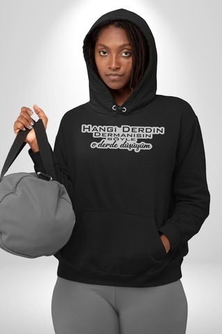 Hangi Derdin Dermanısın Söyle O Derde Düşüyüm Yazılı Kadın Erkek Siyah Kapüşonlu Sweatshirt Hoodie Siyah