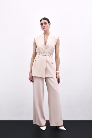 Sateen Kemerli Uzun Yelek - Bej-135805 Bej