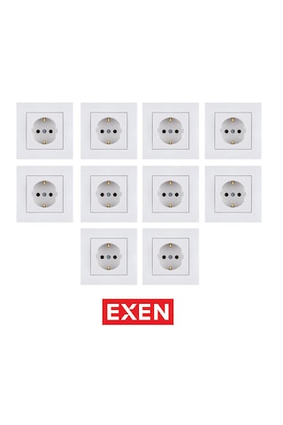 Exen Beyaz Topraklı Priz Mekanizma+çerçeve 10 Adet Priz