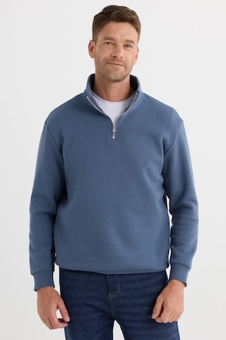 Tudors Unisex Relax Fit Rahat Kesim Pamuklu İçi Polarlı Yarım Fermuarlı Mavi Dik Yaka Sweatshirt-35174 Mavi
