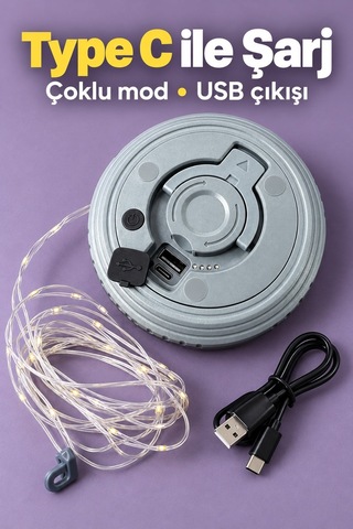 Led Şeritli Kamp Işığı Type C Şarj Girişli Gri