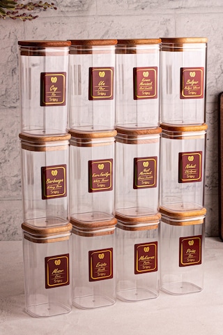 Snippy Boxy - 12'li Ahşap Vakumlu Kapaklı Etiketli Baharatlık Takımı 350 Ml - Erzak Saklama Kabı Seti Ahşap