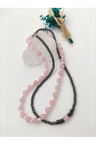 Stoneage Pembe Kuvars Ve Hematit Taşlı Şifa Kolyesi Gümüş