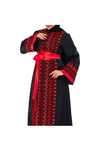 Zaytoon Uzun Kollu Tek Taraflı Nakışlı Kırmızı Kemerli Filistin Elbise C100057 Kırmızı