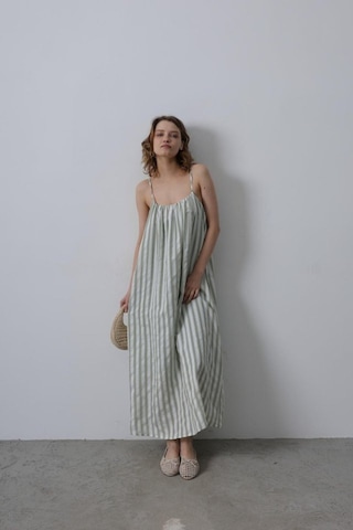 Butik İstanbul Askılı Çizgi Desen Elbise - Haki