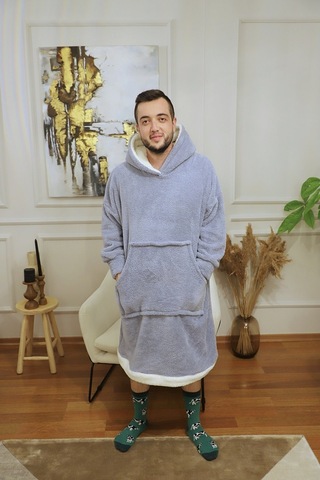 Rokeff Wellsoft Tek Kişilik Giyilebilir Battaniye Gri Beyaz Bantlı L/xl