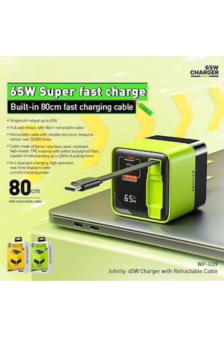 Wk Wp-u39 65w Usb-c / Tip-c, 80cm Tip-c Kablosu İle Usb Gan Hızlı Şarj Cihazı, Fiş Tipi: Ab Fiş Sarı Sarı