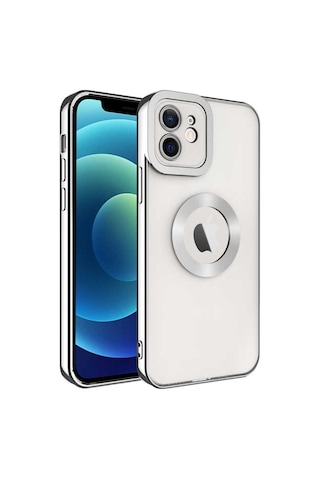 Apple Uyumlu iPhone 12 Kılıf Kamera Korumalı Logo Gösteren Zore Omega Kapak Gümüş