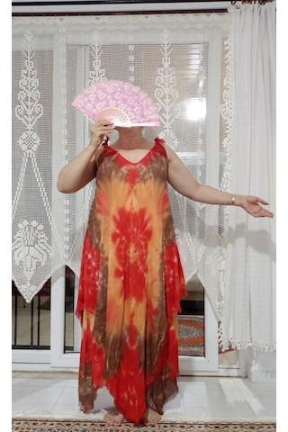 Hobievimiz Pamuklu 4 Eşarptan Elbise Pembe Kahverengi Batik