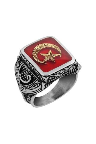 925 Ayar Gümüş Erkek Yüzük - Ay Ve Yıldız İle Oluşturulmuş Granat Taşı Gümüş