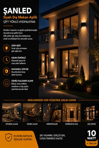 Dekoratif 10w Çift Yönlü Iç-dış Mekan Siyah Kasa Gün Işığı Duvar Aplik-10 Adet