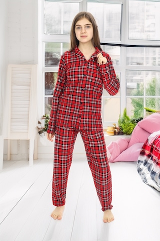 Kız Çocuk Ekose Pijama Takımı 12164 Bordo