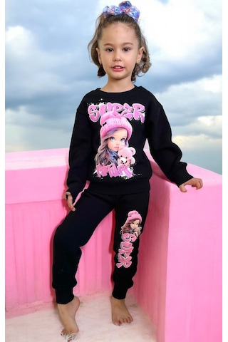 Lolliboomkids Kız Çocuk Oyuncak Bebek Fuşya Pembe Siyah Baskılı Sweatshirt Eşofman Alt Üst Takım Siyah Pembe Siyah - Pembe