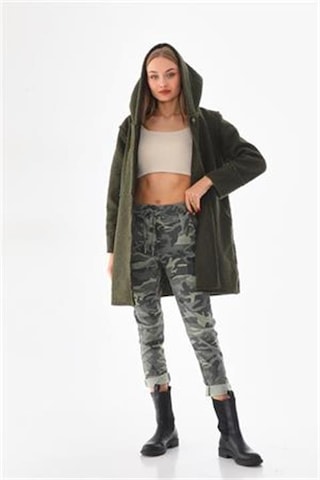 Eren Style Italyan Beli Bağlamalı Kamuflaj Desenli Dar Paça Pantolon-9078 Haki