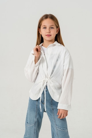 Giyicem Kız Çocuk Önden Bağcıklı Gömlek T-shirt İkili Takım 1801 Beyaz