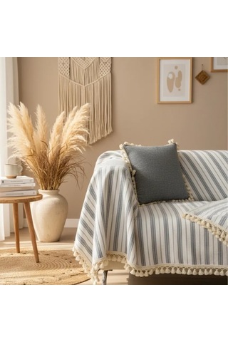 Gri Çizgili Otantik Keten Koltuk Örtüsü