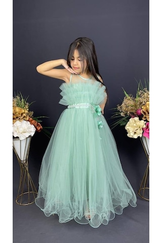 Mnk Baby & Kids Kız Çocuk Robası Katlı Özel Gün Abiye Elbise Mnk0475 Yeşil